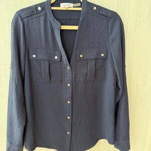 Calvin Klein Navy Gold-Button Blouse – XS (sale ends TODAY)